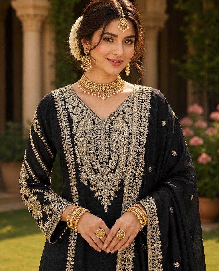 BLACK - Fab Black Chinon Salwar Suit